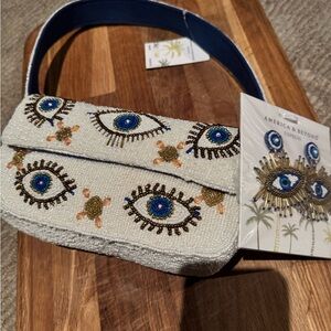 Beaded evil Eye Design Bag - with earrings. White and Blue. NWT